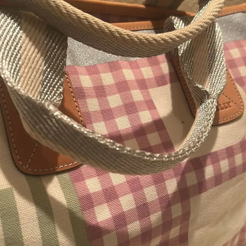Bally Canvas Tote Bag Pastel Patchwork Plaid Handbag Preppy Coastal Stripe
